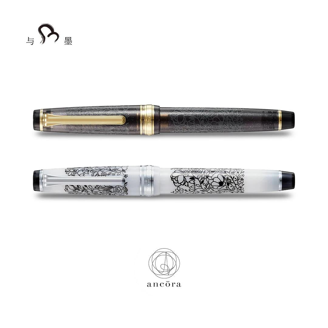 Ancora Limited-Edition Souka - Floral Series | Silver-White / Gray-Black | 14K Gold Nib | Sailor Professional Gear Slim Fountain Pen