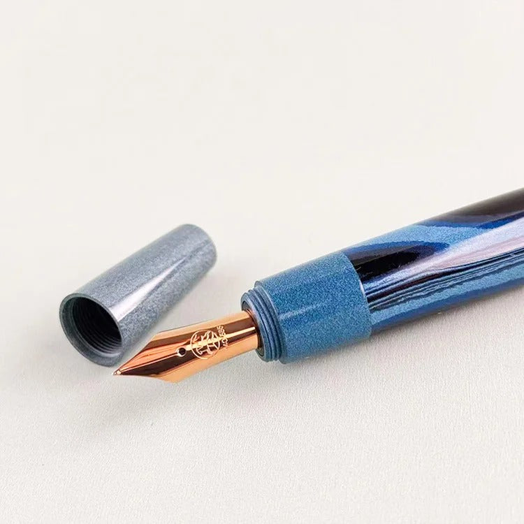 Eboya 14K Gold Fountain Pen, Wooden Whistle Series, Limited-Edition Blue Block, Ebonite Body