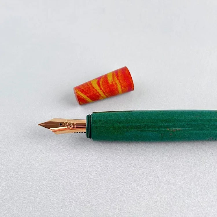 Eboya 14K Gold Ebonite Fountain Pen, Wooden Whistle Series, Limited Edition Green-Orange Body with Yanka Pattern Cap