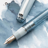 NAGASAWA Chayamachi Store 15th Anniversary Limited Edition: Flat-top Fountain Pen with Steel Nib, Tea-character Crown, in Blue and Silver