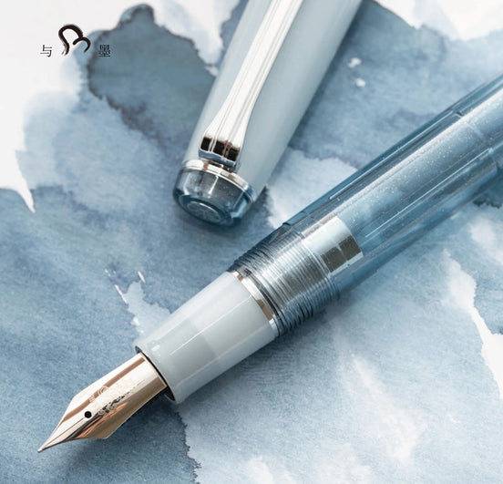 NAGASAWA Chayamachi Store 15th Anniversary Limited Edition: Flat-top Fountain Pen with Steel Nib, Tea-character Crown, in Blue and Silver