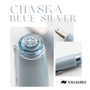 NAGASAWA Chayamachi Store 15th Anniversary Limited Edition: Flat-top Fountain Pen with Steel Nib, Tea-character Crown, in Blue and Silver