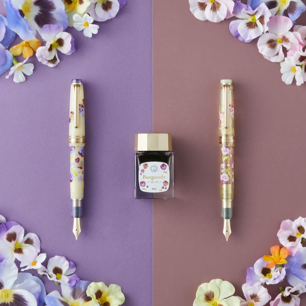 Limited Edition Ancora Pansy 14K Gold Sailor Medium Fountain Pen & Colored Ink Gift Set