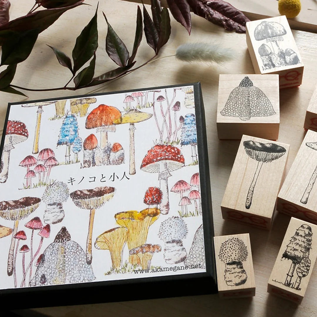 Mushroom Cluster Gift Box Set - 10 Wooden Stamps, Red-rimmed & Crimson-rimmed Styles