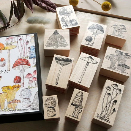Mushroom Cluster Gift Box Set - 10 Wooden Stamps, Red-rimmed & Crimson-rimmed Styles