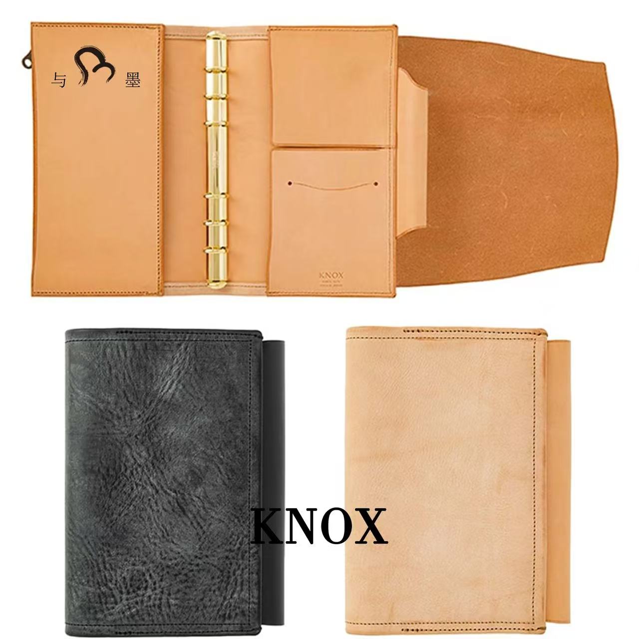 KNOX Limited A6 Tri-Fold Full Leather Notebook, Black & Nude, 16mm Ring