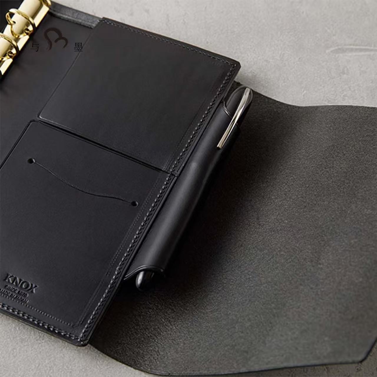 KNOX Limited A6 Tri-Fold Full Leather Notebook, Black & Nude, 16mm Ring
