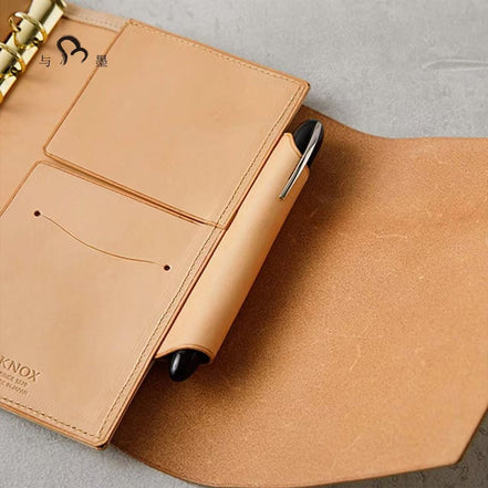 KNOX Limited A6 Tri-Fold Full Leather Notebook, Black & Nude, 16mm Ring
